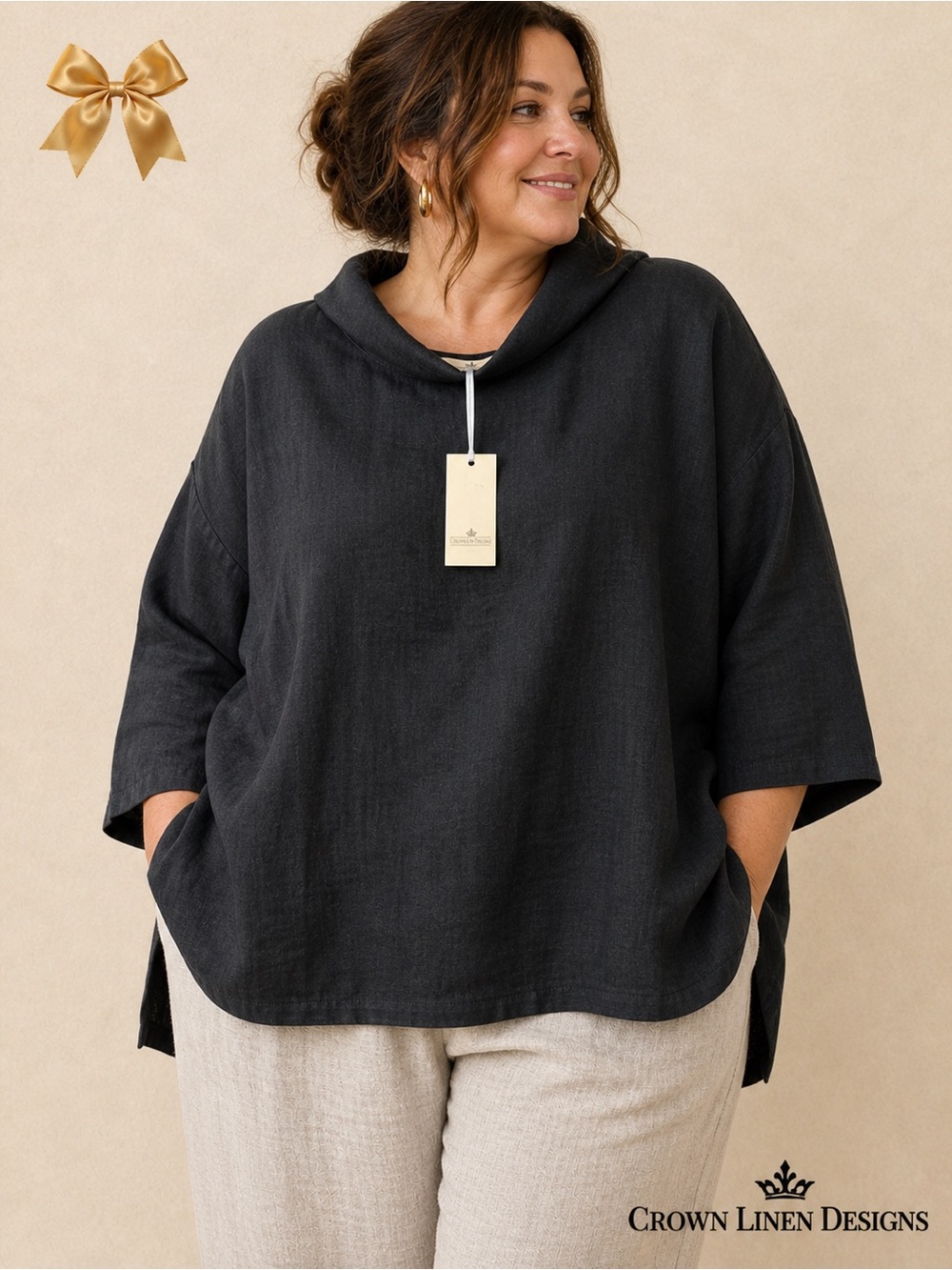 Crown Linen Designs NWT Black Linen Tunic Top Relaxed Cowl Neck 2X